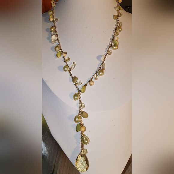 Jewelry - VINTAGE ART DECO STYLE GOLD TONE CRYSTAL STONE FAUX PEARL LAVALIERE SIGNED CG